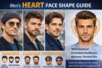 Heart face shape men guide showing wide forehead, prominent cheekbones, pointed chin with best haircuts beard styles and glasses
