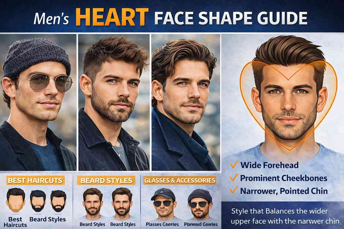 Heart face shape men guide showing wide forehead, prominent cheekbones, pointed chin with best haircuts beard styles and glasses