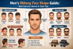 Oblong face shape men guide showing long face structure with best haircuts beard styles and glasses to balance face length