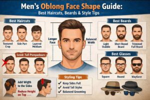 Oblong face shape men guide showing long face structure with best haircuts beard styles and glasses to balance face length