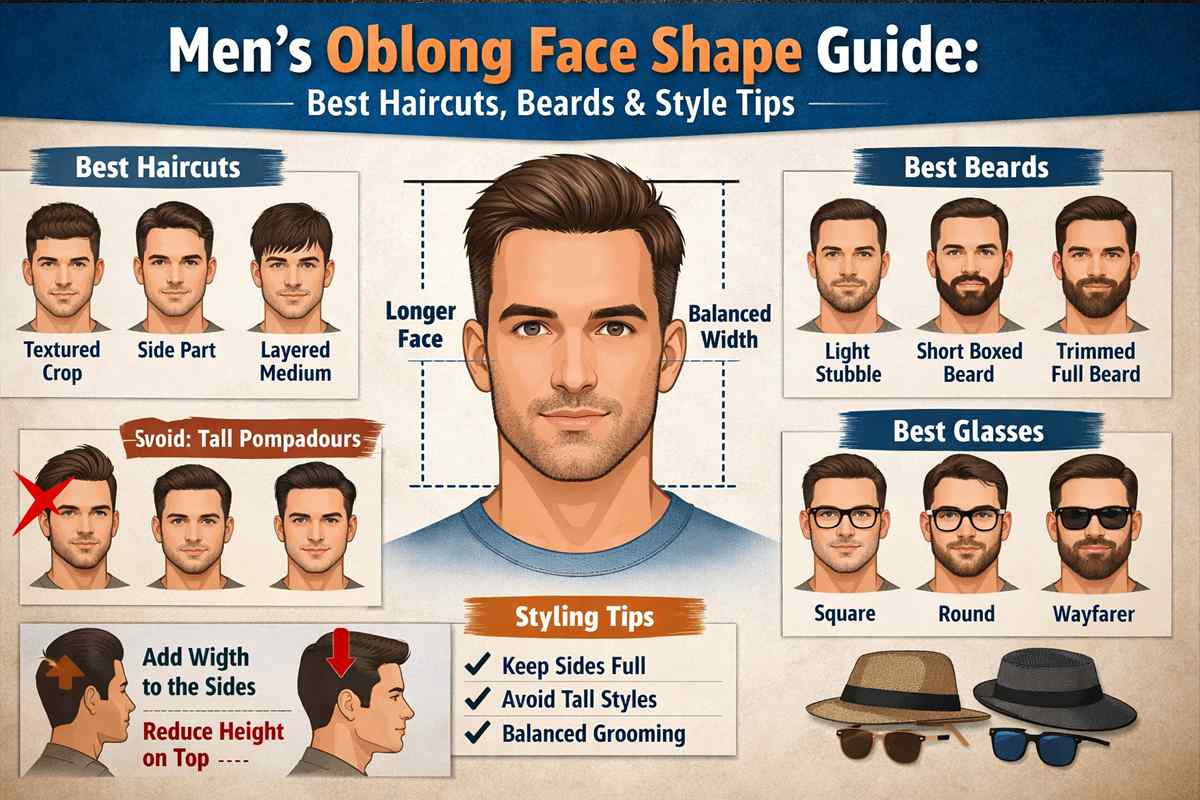 Oblong face shape men guide showing long face structure with best haircuts beard styles and glasses to balance face length