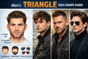 Triangle face shape men guide showing wide jawline, narrow forehead, best haircuts, beard styles and glasses for triangle face shape