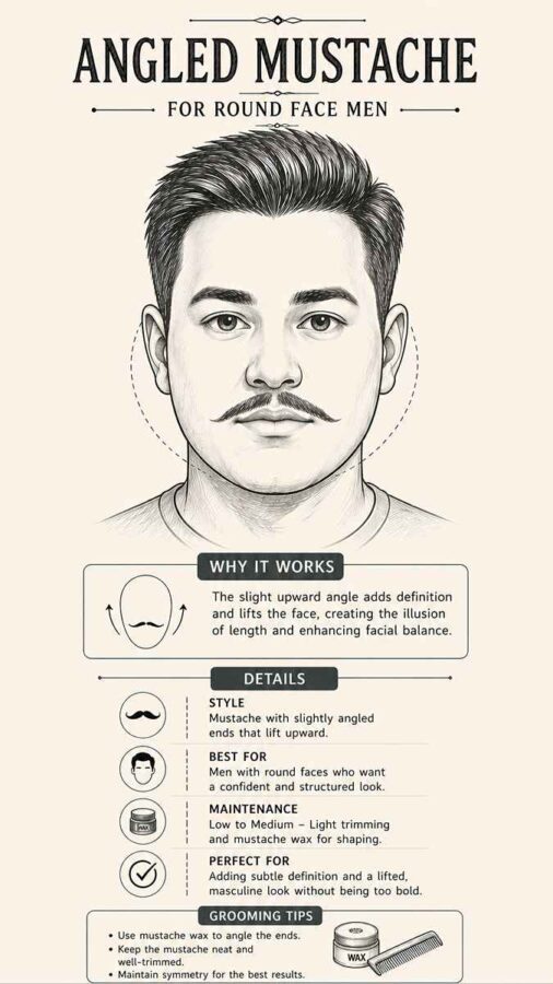 angled mustache style for round face men slight upward ends sketch
