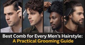 Four men with different hairstyles using the best comb and brush for their hair type, showing a men’s grooming guide for styling hair correctly