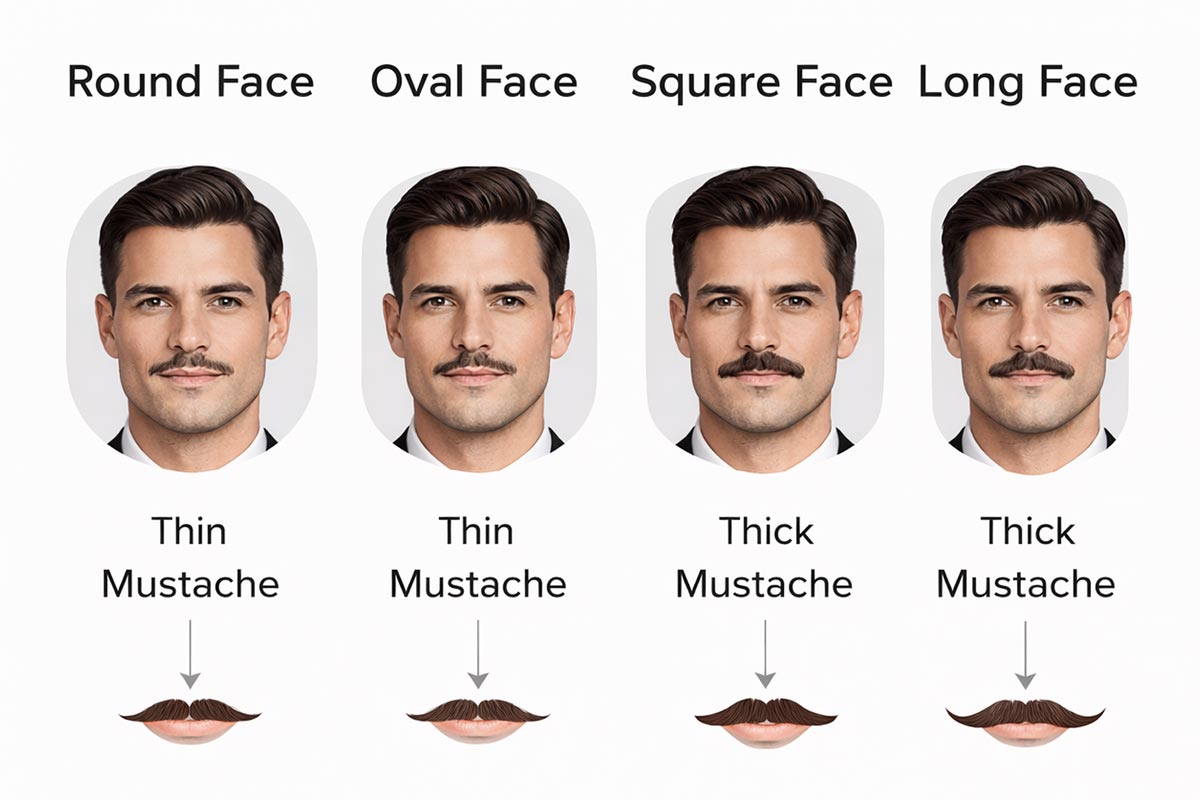 Guide showing the best mustache styles for men based on face shapes including round, oval, square, and long face types