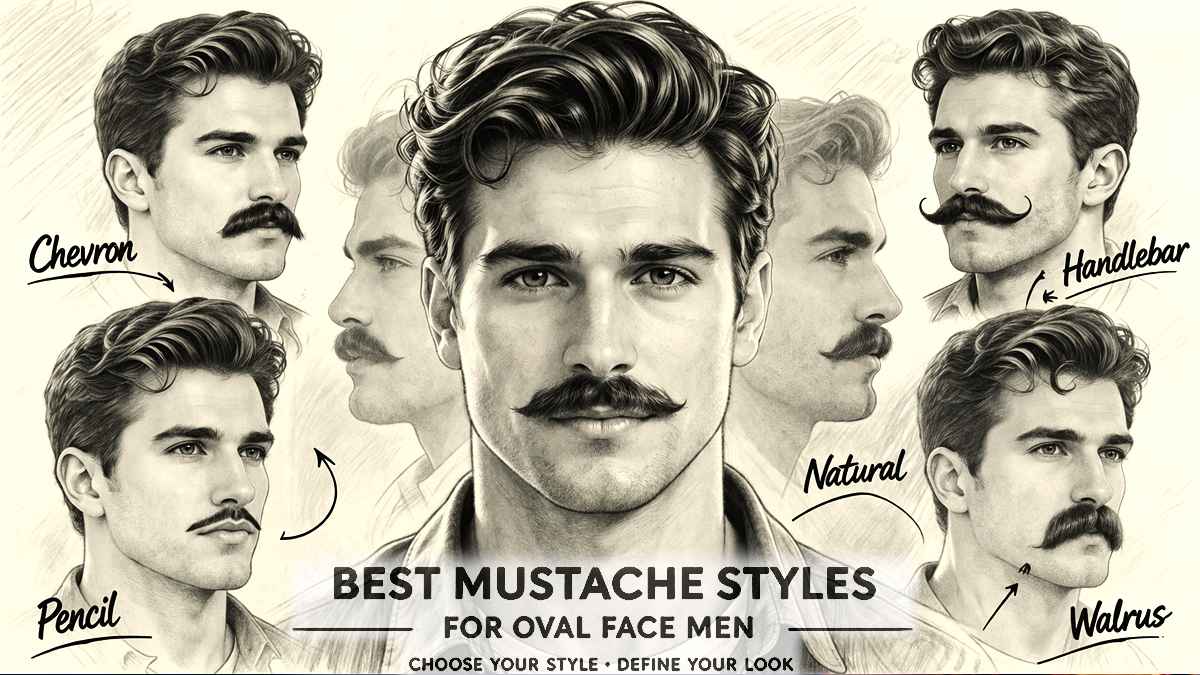 pencil sketch of oval face man showing different mustache styles chevron handlebar pencil natural walrus