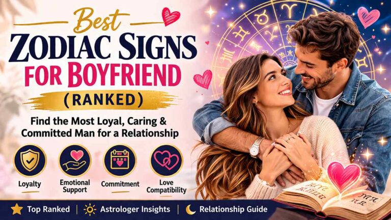 Best zodiac signs for boyfriend ranked showing loyal, caring, and committed zodiac men including Taurus, Cancer, Leo, Pisces, Virgo, and Libra with romantic couple and zodiac wheel