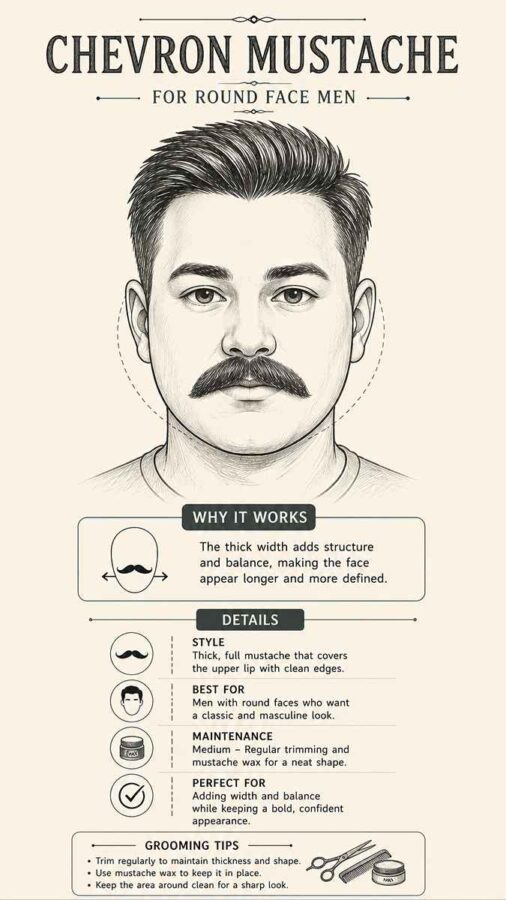chevron mustache style for round face men trimmed thick sketch
