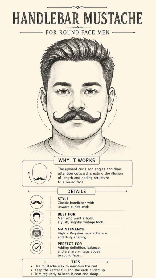 handlebar mustache style for round face men upward curls sketch