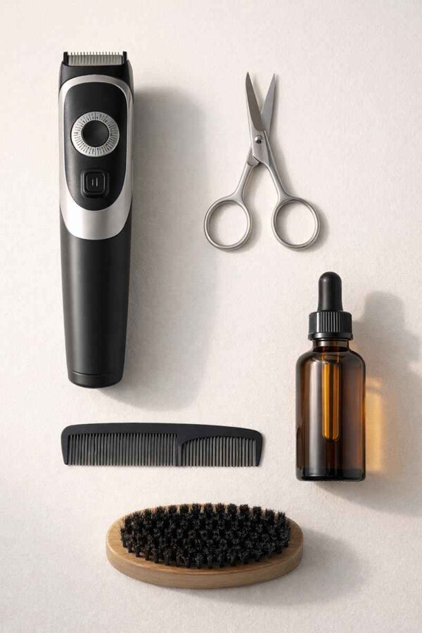 Flat lay of mustache grooming tools including trimmer, scissors, comb, beard oil, and brush arranged on a clean background