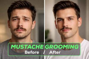 Split image showing a man with an ungroomed messy mustache on the left and a clean well-groomed mustache on the right with a confident look