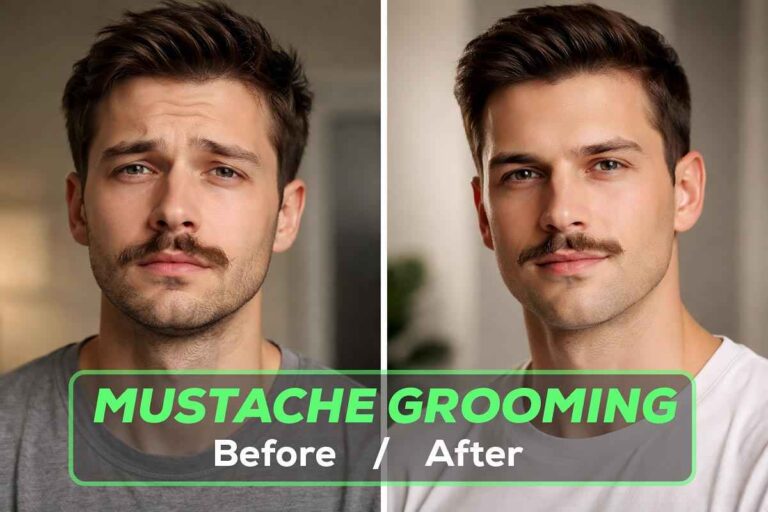 Split image showing a man with an ungroomed messy mustache on the left and a clean well-groomed mustache on the right with a confident look