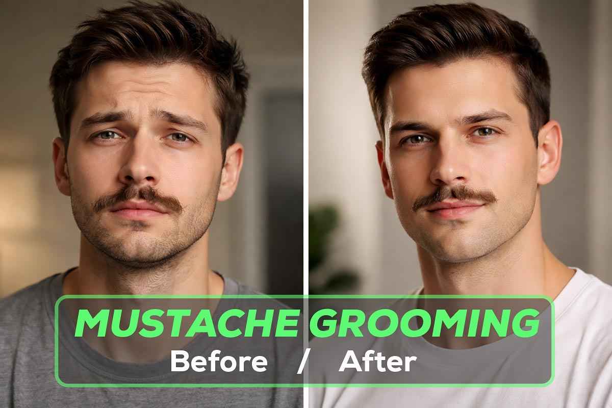 Split image showing a man with an ungroomed messy mustache on the left and a clean well-groomed mustache on the right with a confident look
