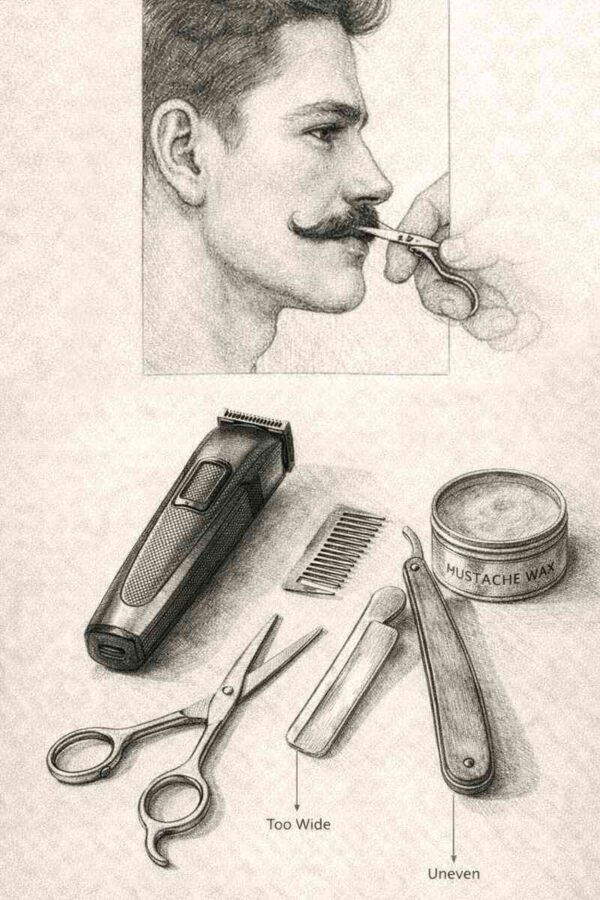 mustache grooming tools scissors trimmer comb razor wax pencil sketch illustration