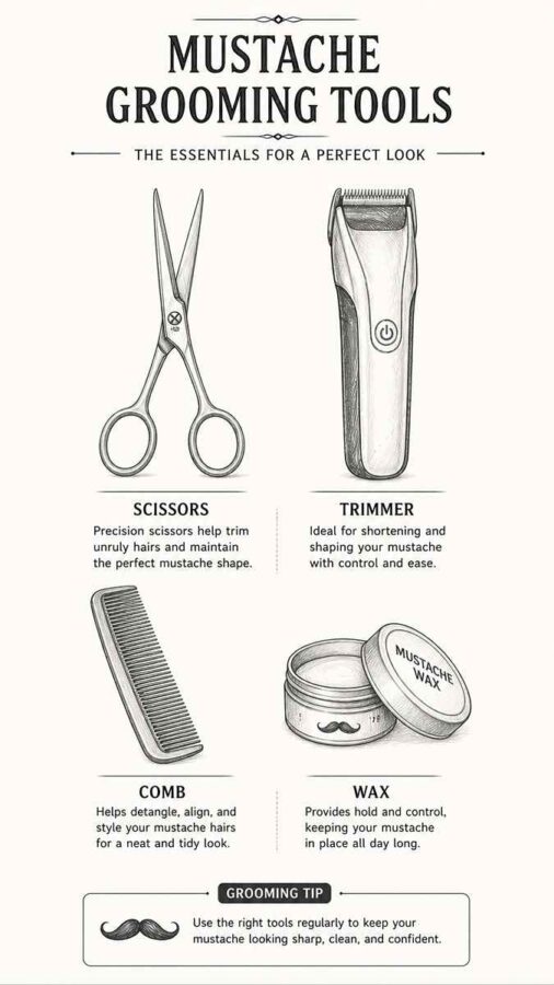 mustache grooming tools scissors trimmer comb wax sketch