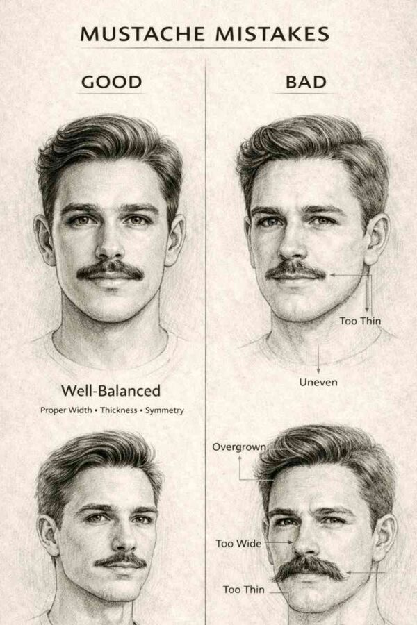 good vs bad mustache styles oval face men showing too wide uneven thin overgrown pencil sketch