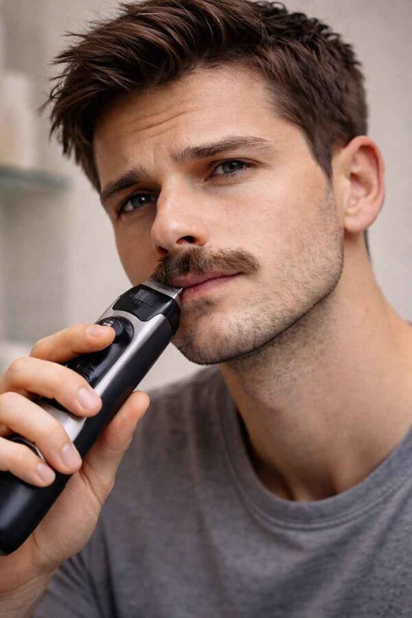 Close-up of a man shaping his mustache with a precision trimmer, creating clean edges with a sharp jawline