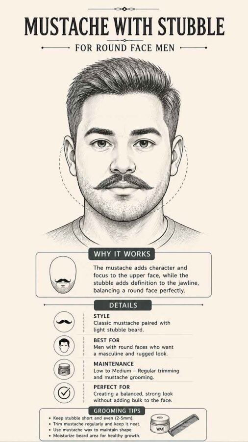 mustache with light stubble for round face men sketch