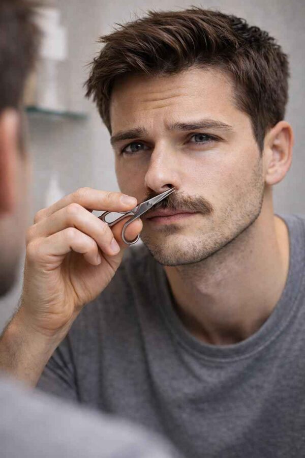 Close-up of a man trimming his mustache with small scissors held correctly between thumb and fingers in front of a mirror