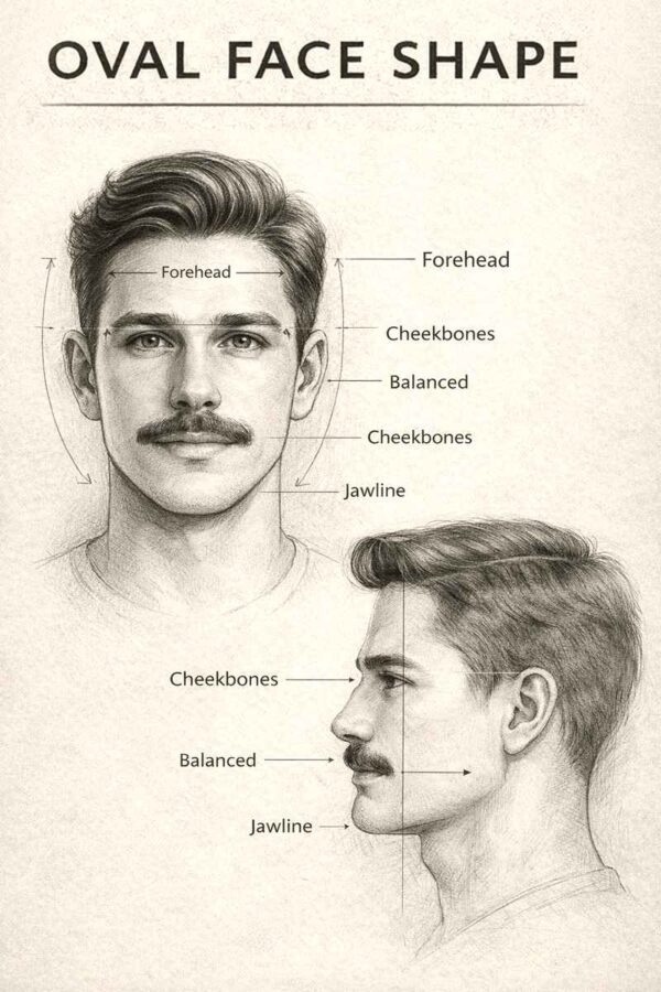 oval face shape men diagram showing forehead cheekbones and jawline proportions pencil sketch