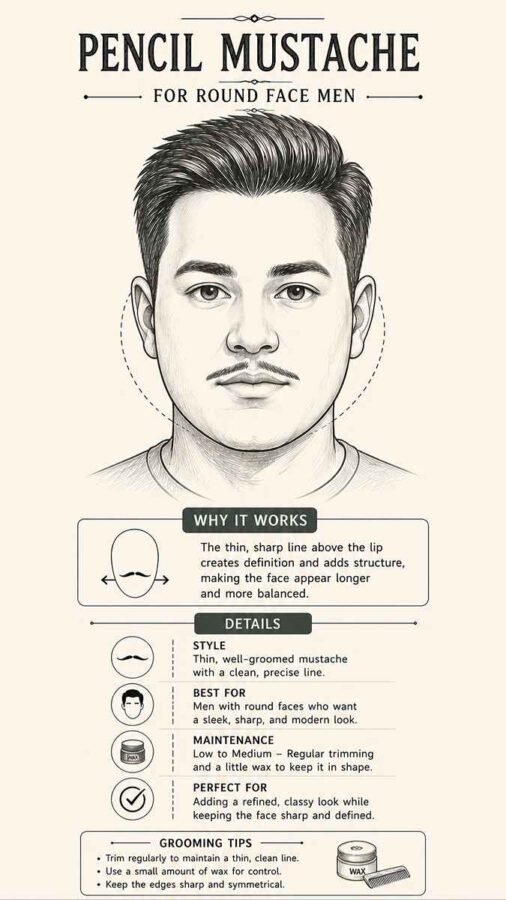 pencil mustache thin style for round face men sketch