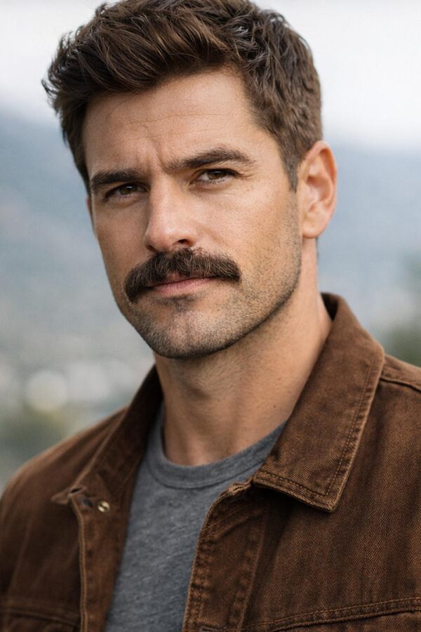 Close-up of a man with a thick chevron mustache, dense and full facial hair, strong jawline, and masculine appearance