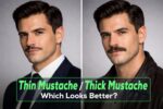 Split image of two men showing thin mustache vs thick mustache styles, clean sharp look vs bold full masculine look