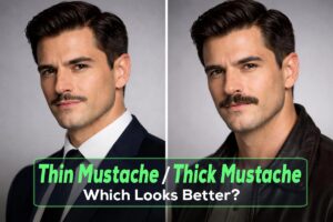 Split image of two men showing thin mustache vs thick mustache styles, clean sharp look vs bold full masculine look