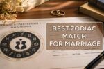 couple holding zodiac compatibility chart for marriage showing best zodiac matches like Taurus Cancer Libra Gemini in a modern American home