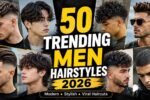 50 trending men hairstyles in 2026 featuring modern fade haircuts, wolf cuts, curly hairstyles, and stylish modern hair trends