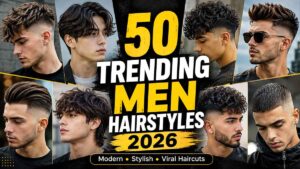 50 trending men hairstyles in 2026 featuring modern fade haircuts, wolf cuts, curly hairstyles, and stylish modern hair trends