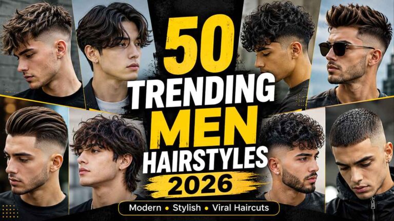 50 trending men hairstyles in 2026 featuring modern fade haircuts, wolf cuts, curly hairstyles, and stylish modern hair trends