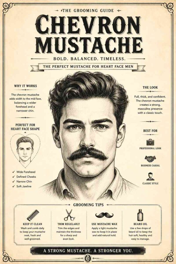 Vintage grooming infographic showing a thick chevron mustache style for men with heart-shaped faces and balanced masculine facial proportions.