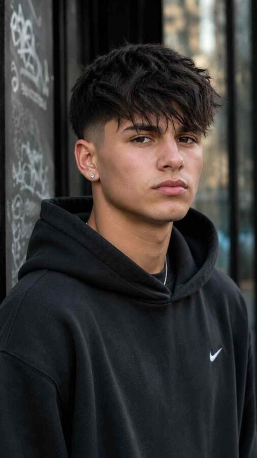 Angular fringe haircut with asymmetrical bangs for men
