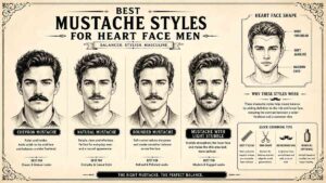 Vintage grooming infographic showing the best mustache styles for heart face men including chevron mustache, natural mustache, rounded mustache, and light stubble styles.