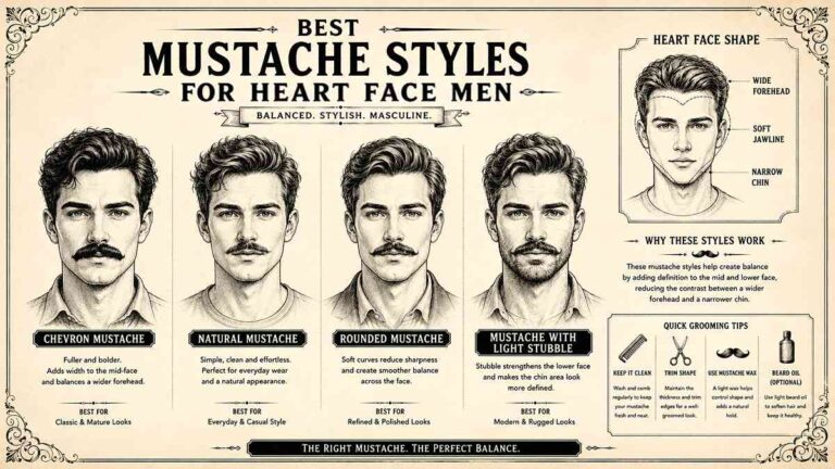 Vintage grooming infographic showing the best mustache styles for heart face men including chevron mustache, natural mustache, rounded mustache, and light stubble styles.