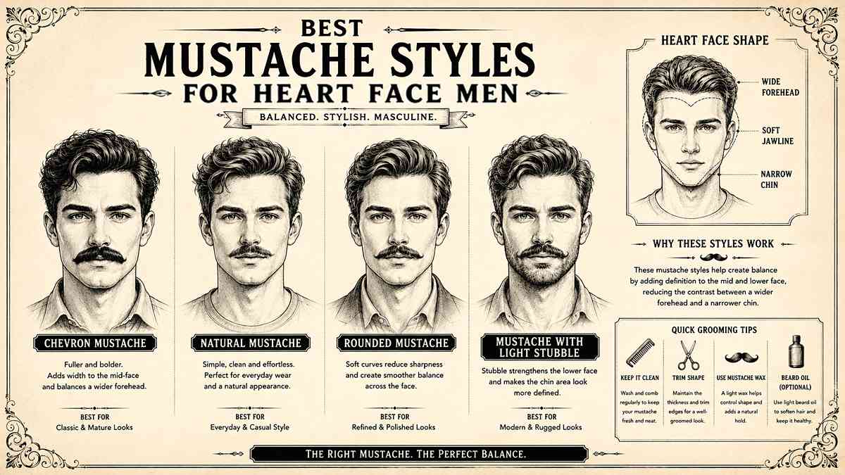 Vintage grooming infographic showing the best mustache styles for heart face men including chevron mustache, natural mustache, rounded mustache, and light stubble styles.