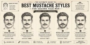 infographic illustration showing the best mustache styles for square face men with strong jawline sketches