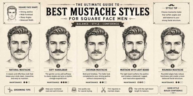 infographic illustration showing the best mustache styles for square face men with strong jawline sketches