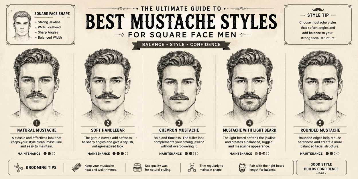 infographic illustration showing the best mustache styles for square face men with strong jawline sketches