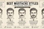 infographic illustration showing the best mustache styles for square face men with strong jawline sketches