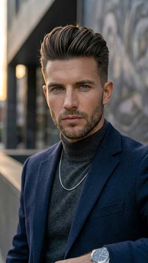 Brush up hairstyle with lifted textured hair for men