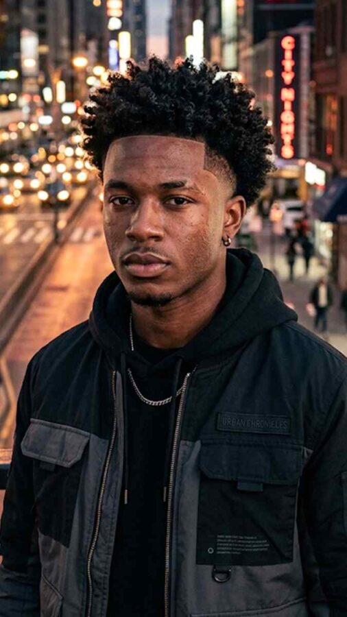 Burst fade hairstyle with curly textured top for men
