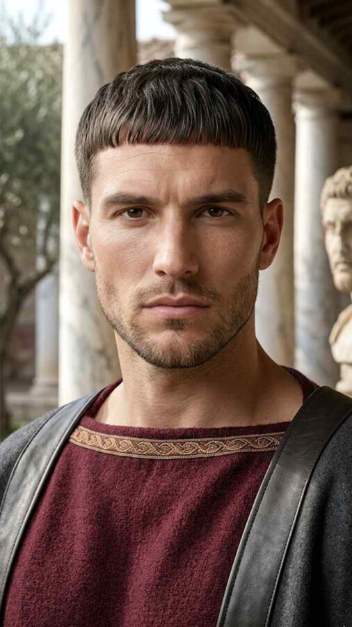 Classic Caesar cut hairstyle with short fringe