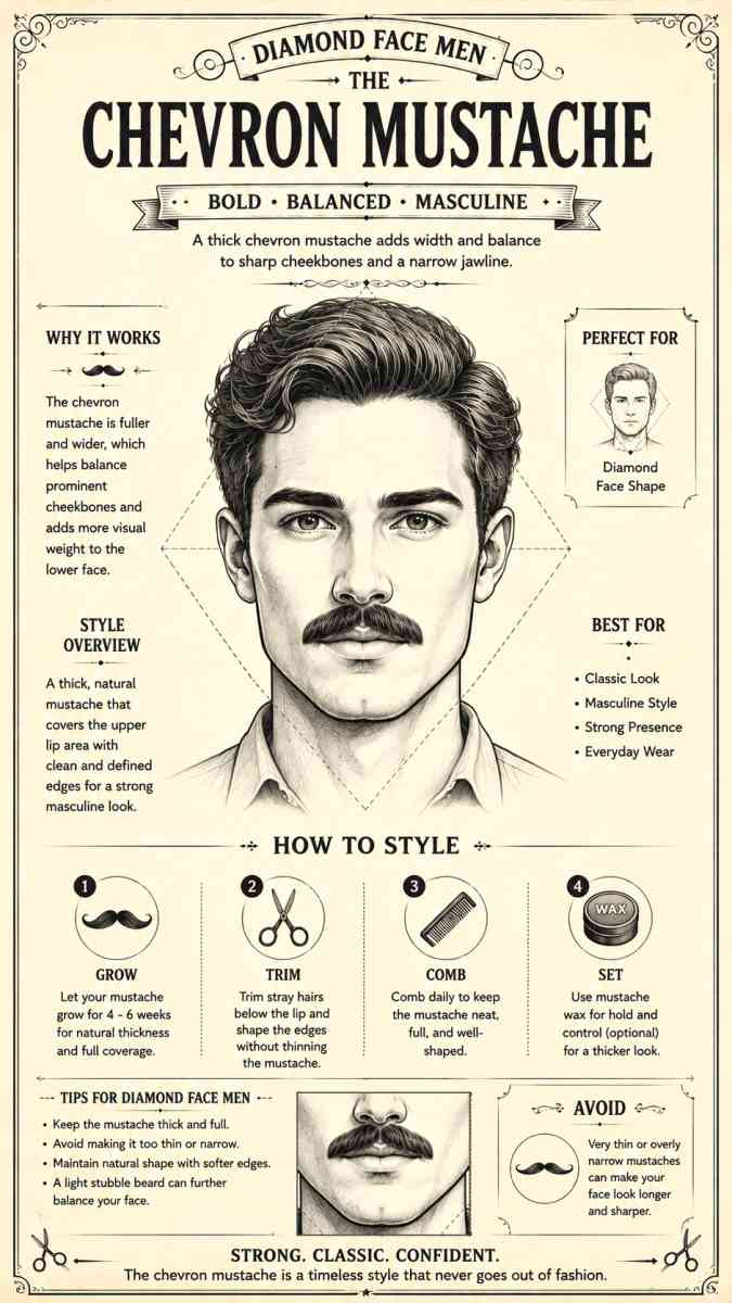 chevron mustache style for diamond face men vintage pencil sketch illustration