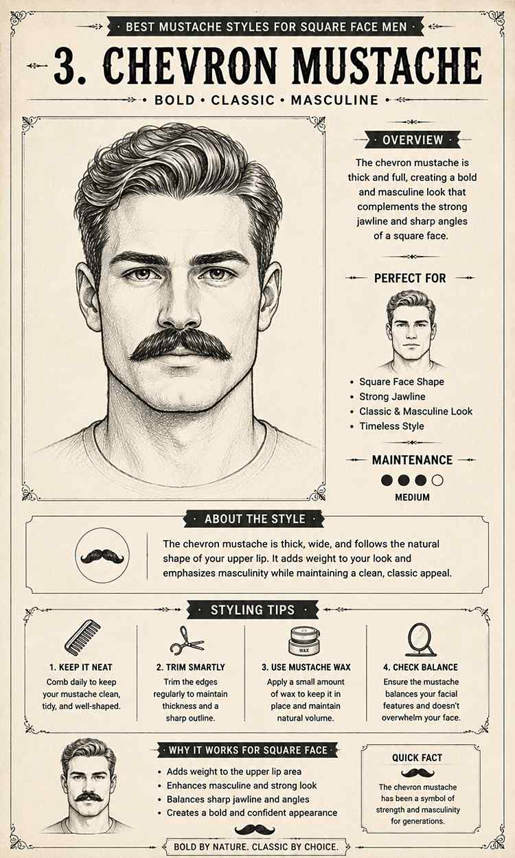 chevron mustache style for square face men pencil sketch infographic illustration
