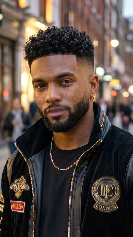 Curly fade haircut with textured curls for men