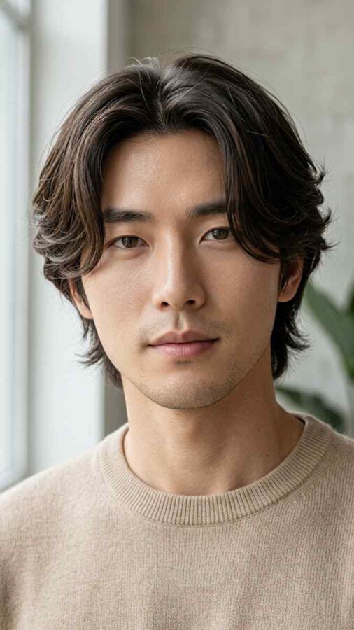 Curtain hairstyle with middle part layered hair
