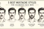 Vintage pencil sketch infographic showing 5 mustache styles for diamond face men including natural mustache, chevron, rounded, light beard combo, and medium handlebar mustache.