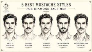 Vintage pencil sketch infographic showing 5 mustache styles for diamond face men including natural mustache, chevron, rounded, light beard combo, and medium handlebar mustache.